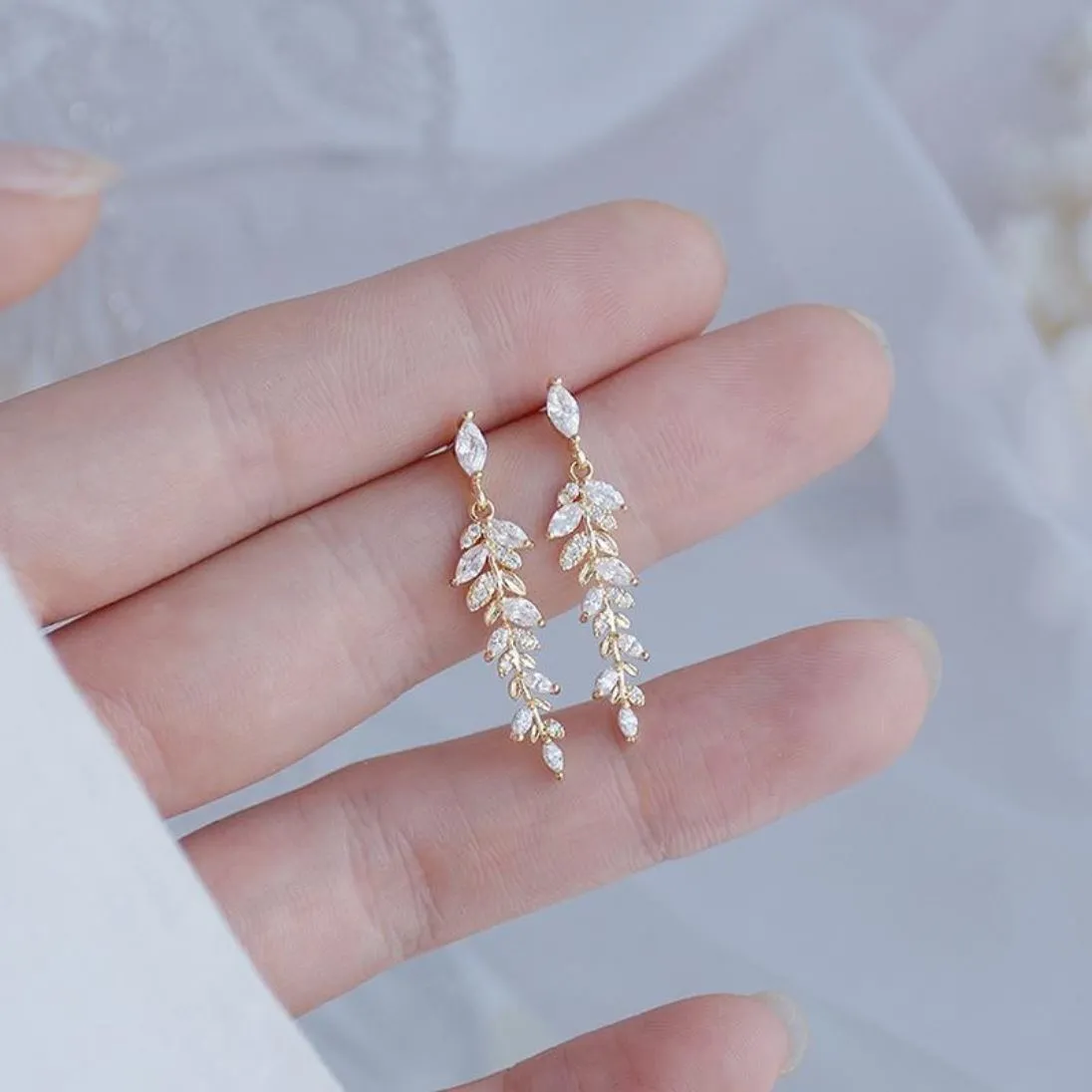 14k Gold Plated Leaf Bridal Earrings