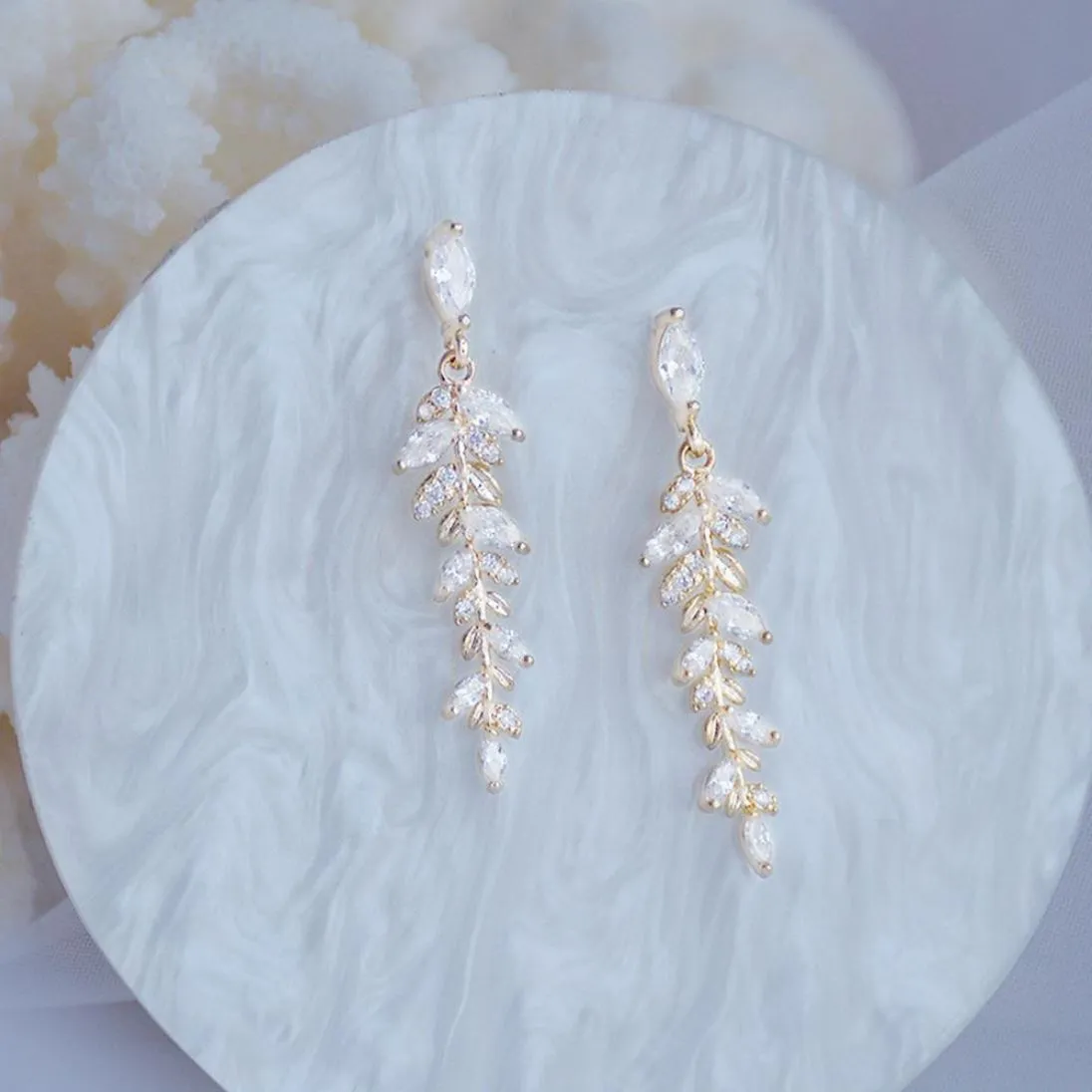 14k Gold Plated Leaf Bridal Earrings