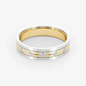 18K Bi-Color Gold Diamond Pave Split Brushed Wedding Ring