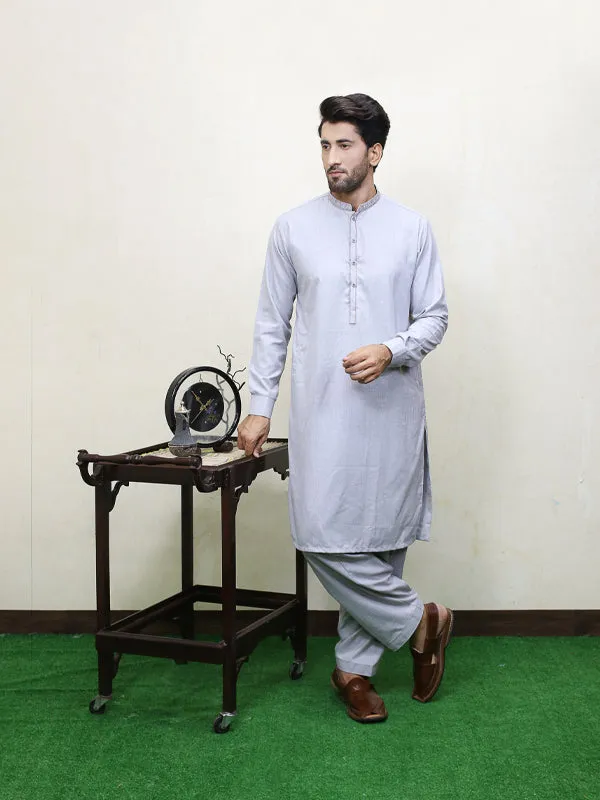 250 Men's Embroidered Kameez Shalwar Stitched Suit Light Blue