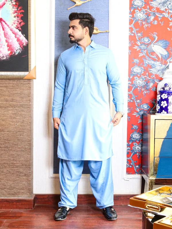 461/2E Men's Kameez Shalwar Stitched Suit Shirt Collar Sky Blue