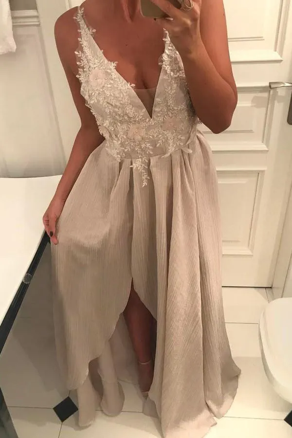 A Line Floor Length Deep V Neck Sleeveless Appliques Side Slit Long Prom Dresses