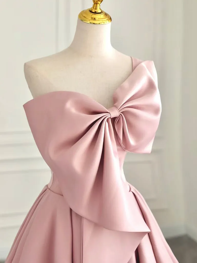 A-Line Sweetheart Neck Satin Pink Long Prom Dress, Pink Long Evening Dress