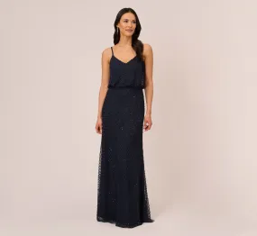 Art Deco Beaded Blouson Gown In Navy Black