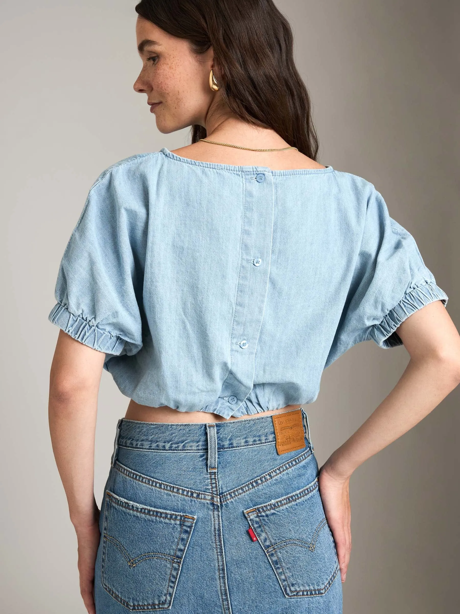 Balloon Sleeve Denim Top