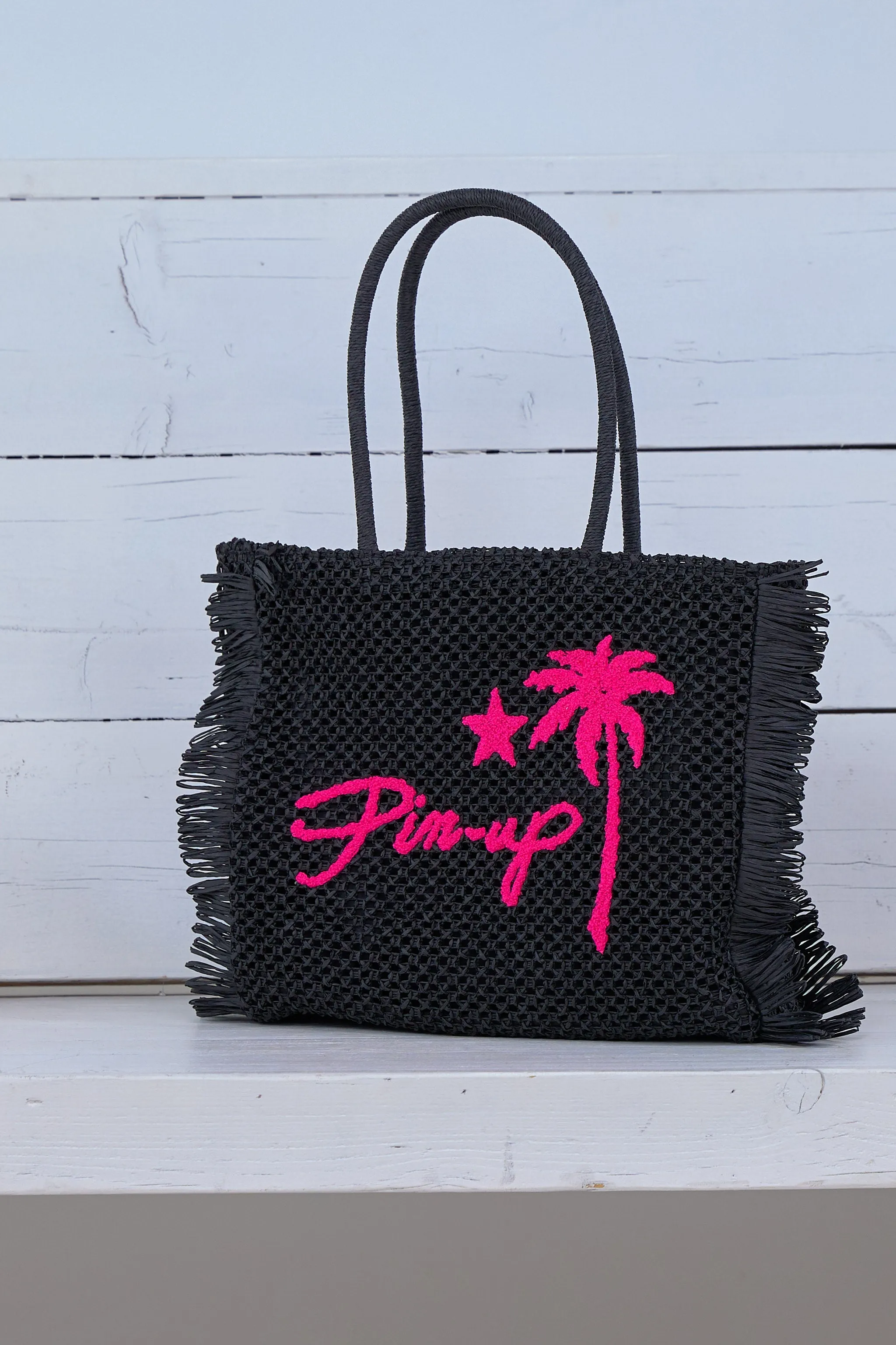 Basttasche Pin-up, schwarz-pink