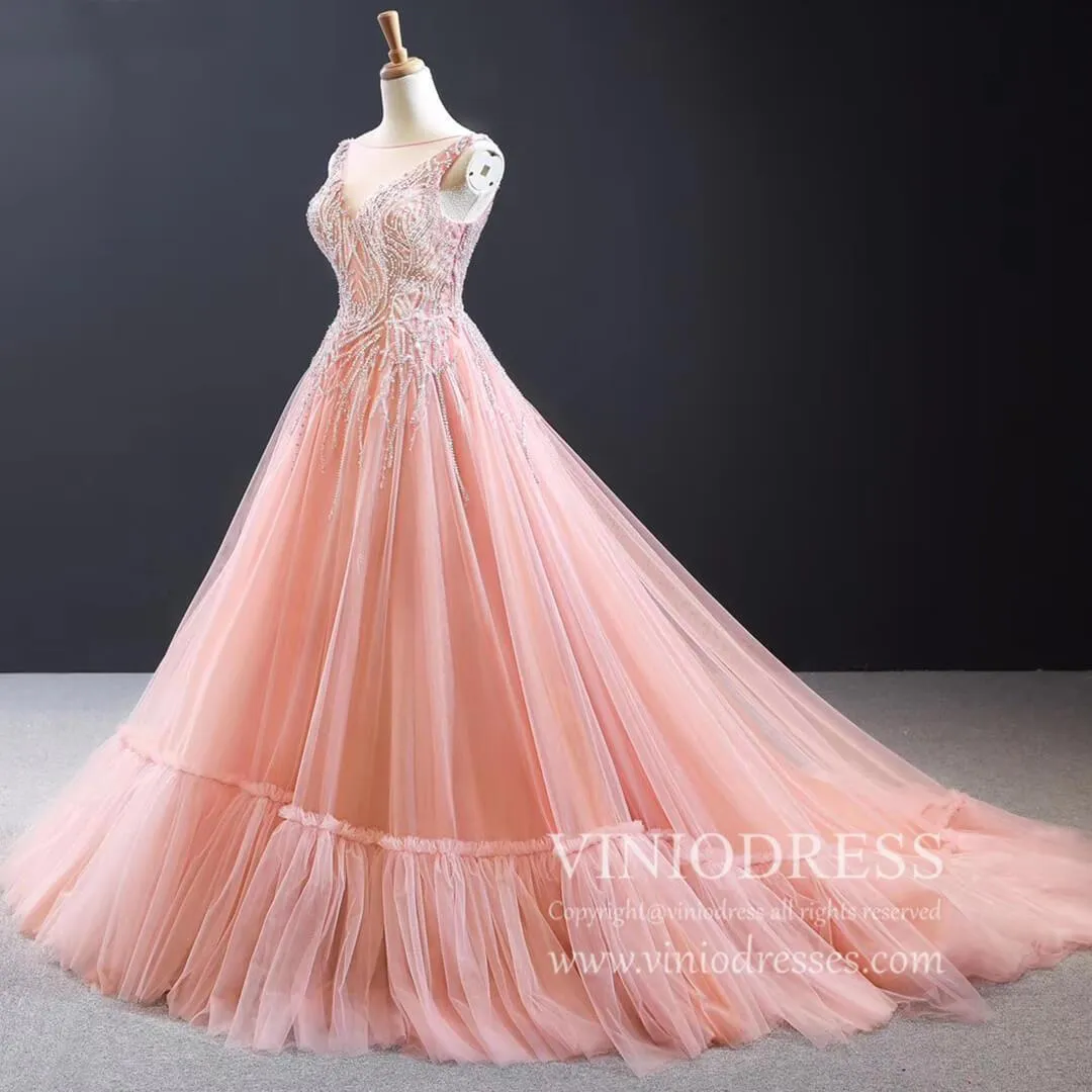 Beaded Blush Vintage Prom Dresses with Long Train 66961 viniodress