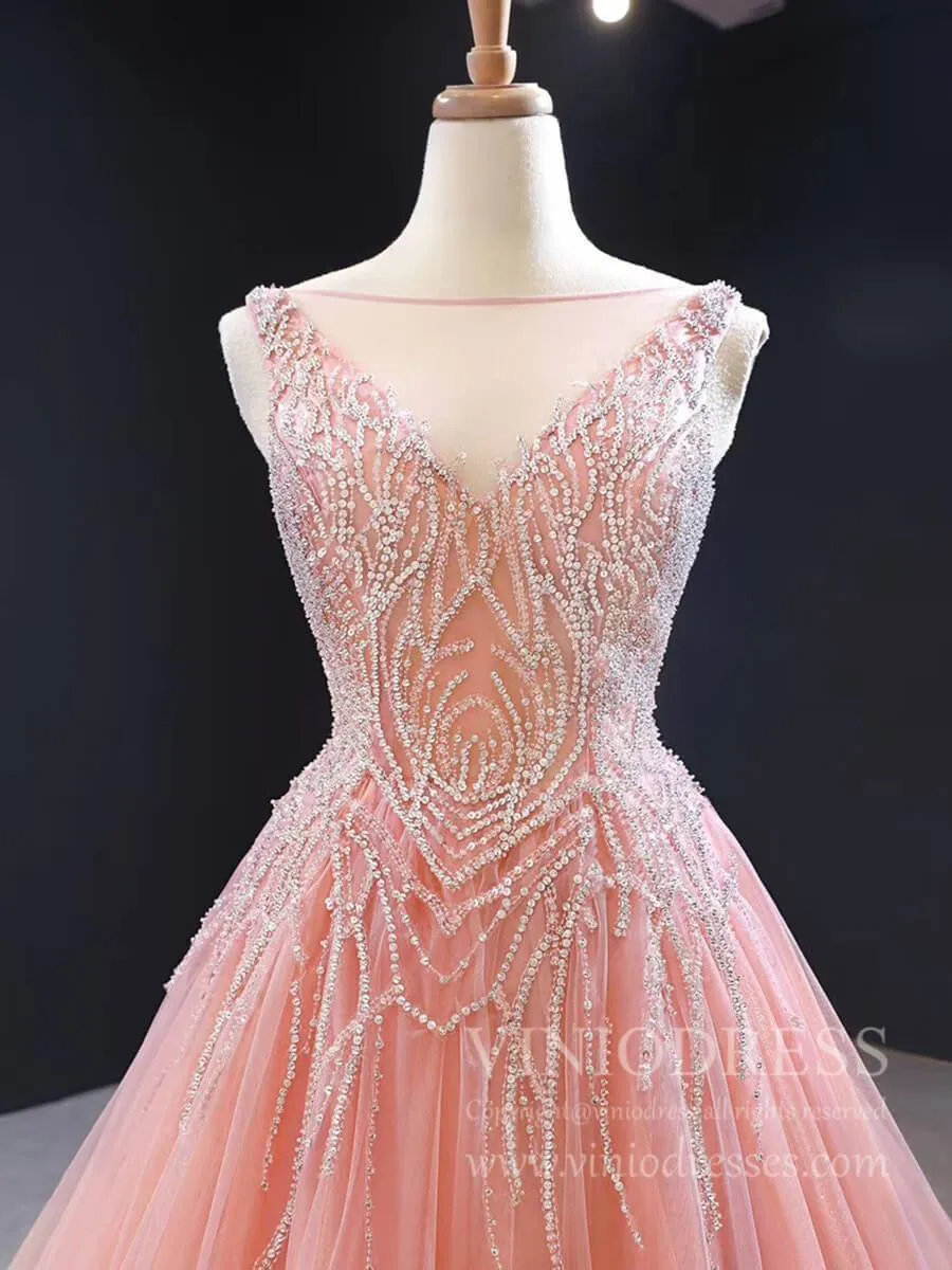 Beaded Blush Vintage Prom Dresses with Long Train 66961 viniodress