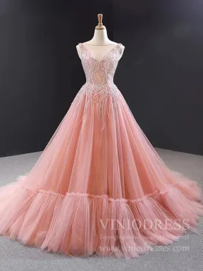 Beaded Blush Vintage Prom Dresses with Long Train 66961 viniodress