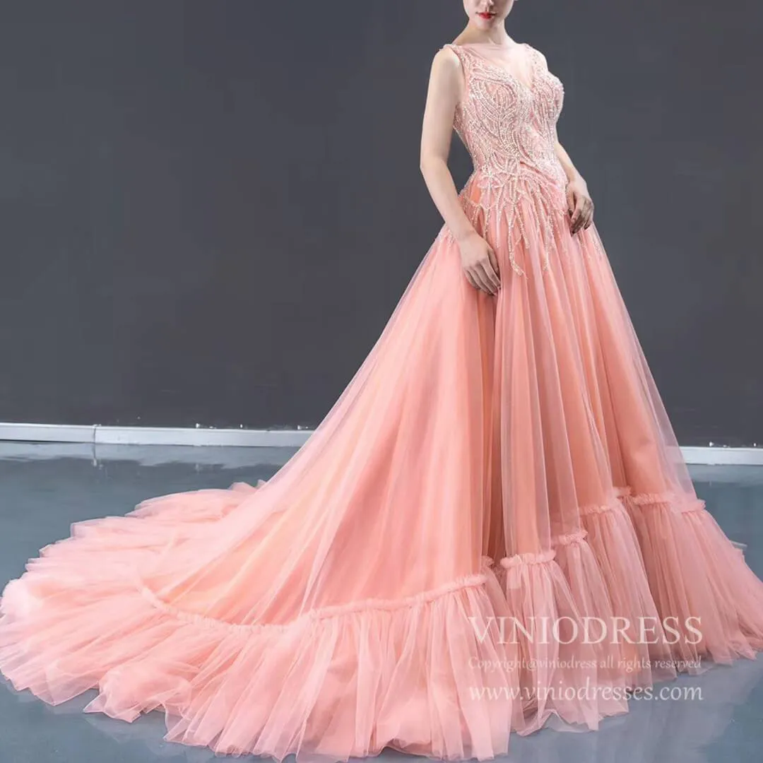 Beaded Blush Vintage Prom Dresses with Long Train 66961 viniodress