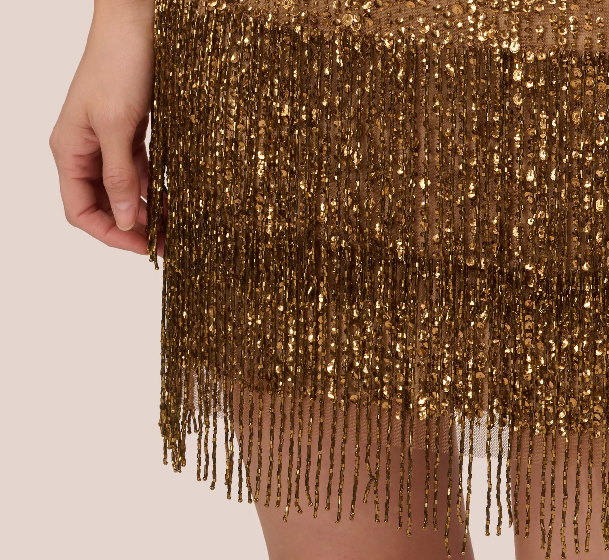 Beaded Halter Dress With Fringe Details In Copper