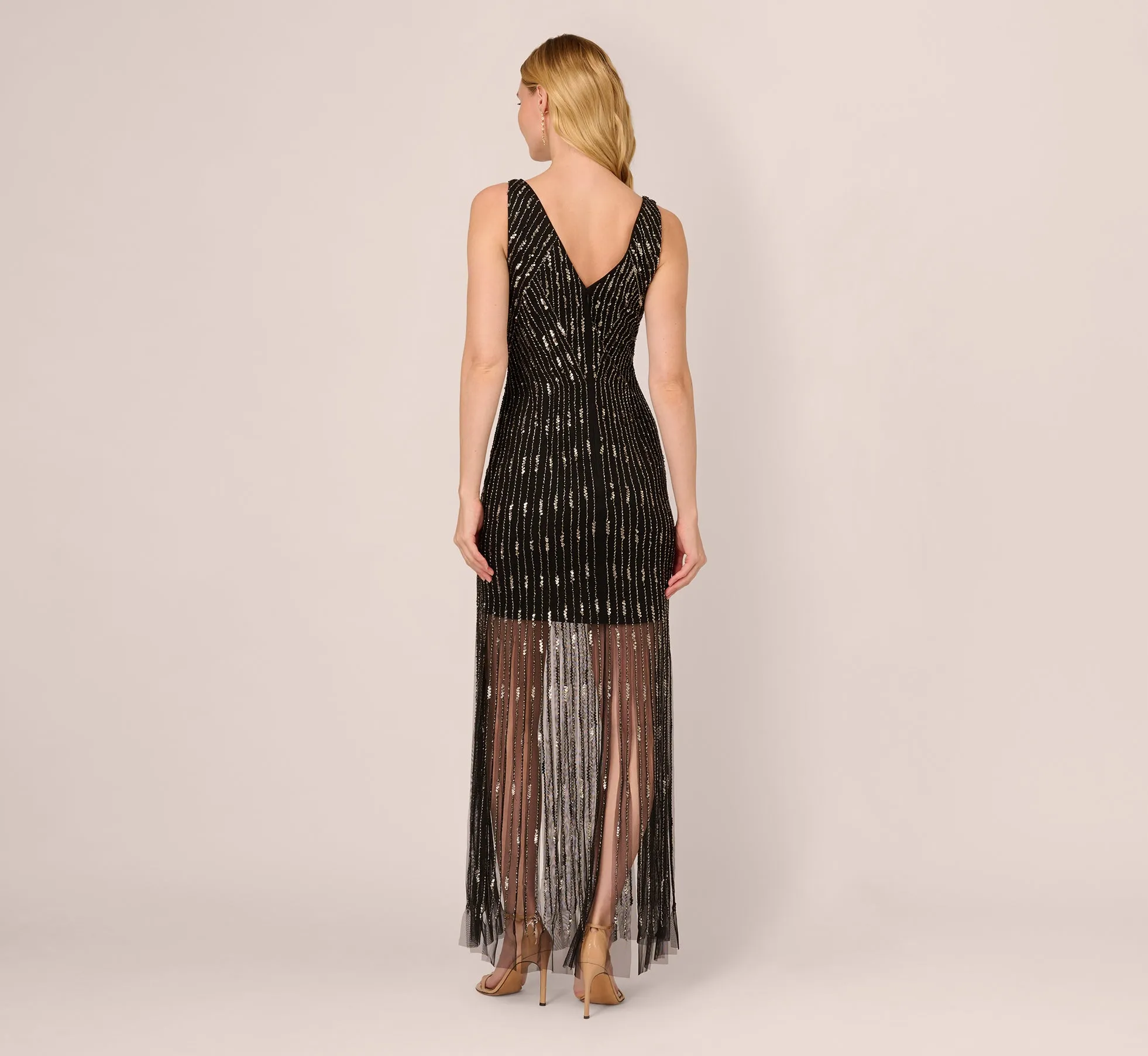 Beaded Sleeveless Dress With Carwash Hem In Black Mercury