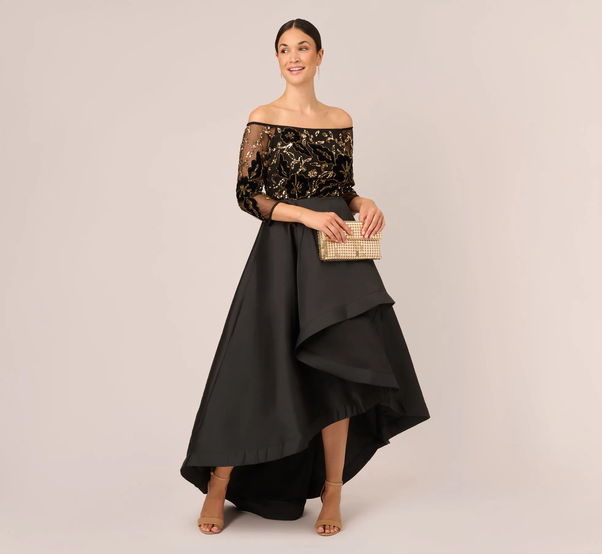 Beaded Taffeta Ball Gown With Three-Quarter Sleeves In Black Gold