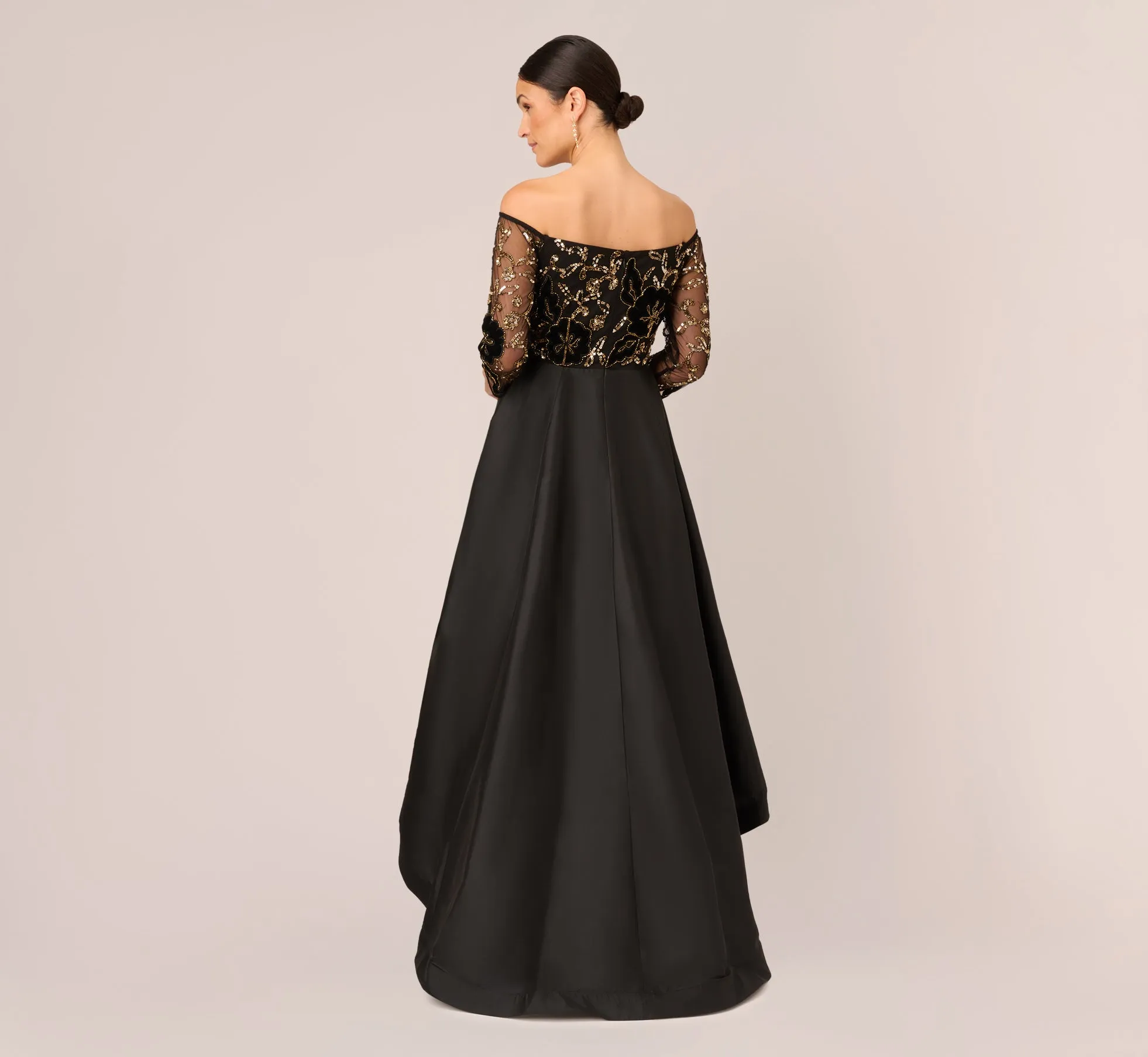 Beaded Taffeta Ball Gown With Three-Quarter Sleeves In Black Gold