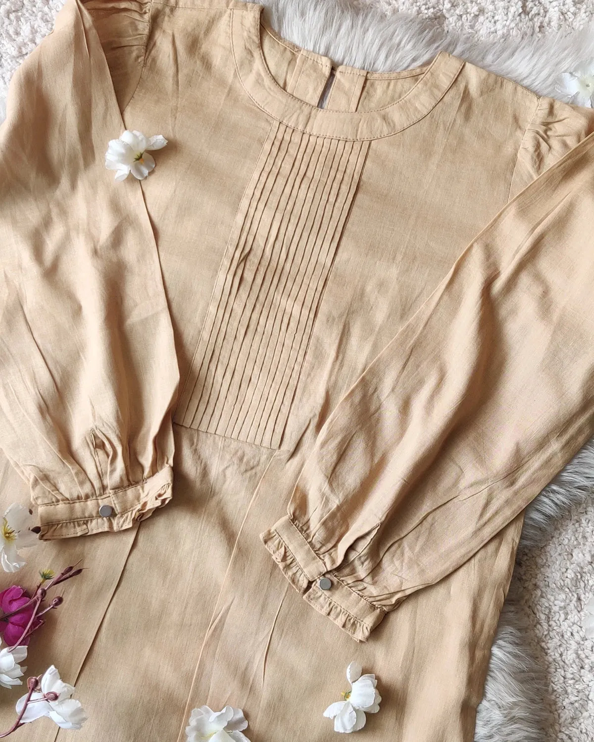 Beige Pintucked Cotton Top