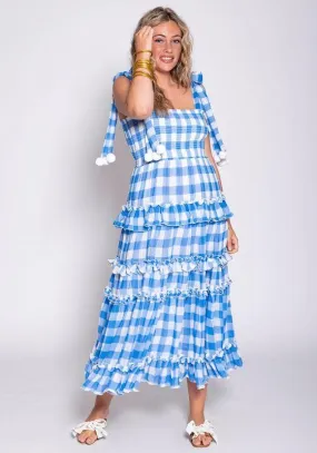 Berenice Gingham Blue dress with Pompoms