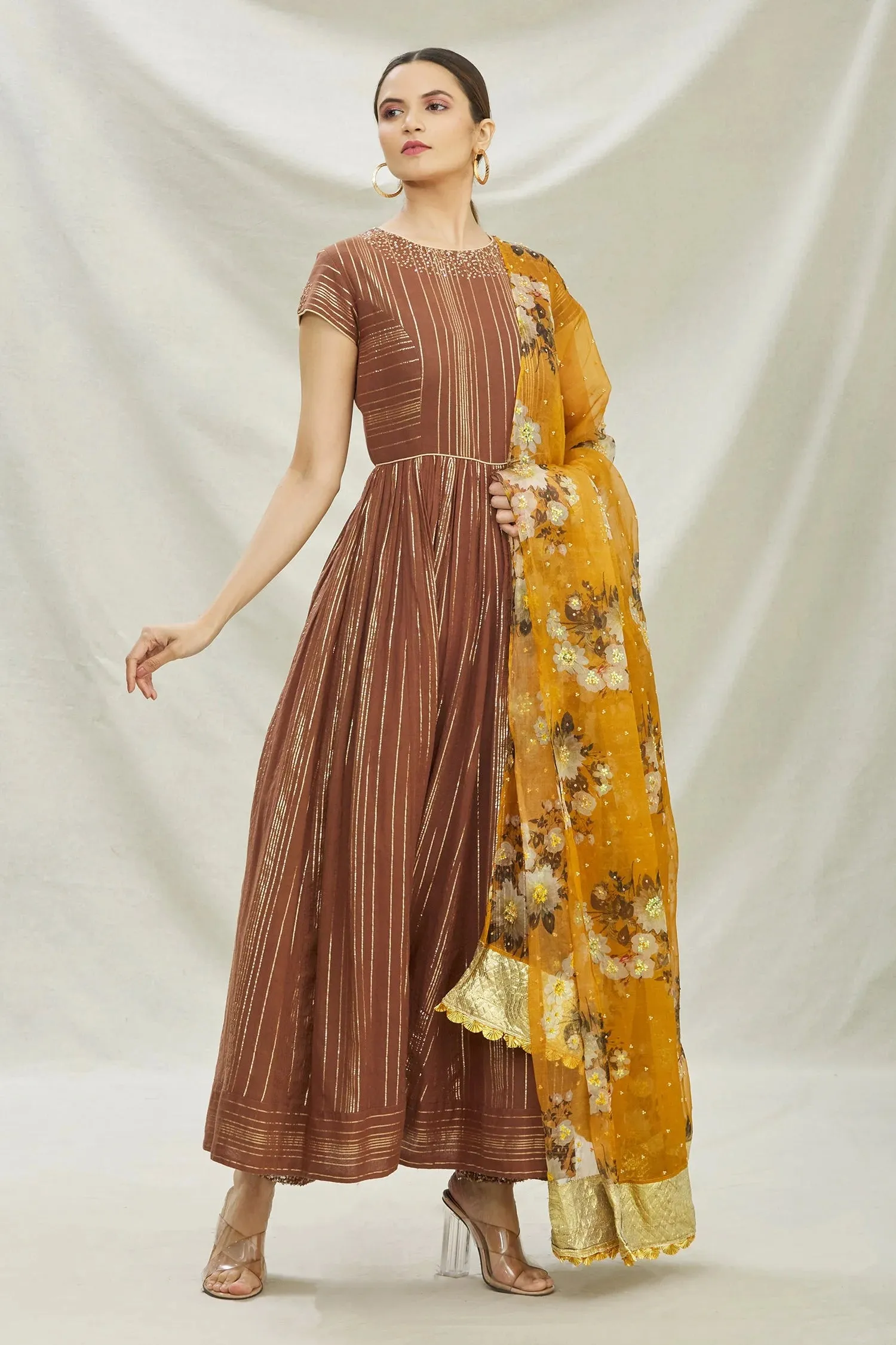 Brown Cotton Anarkali Set