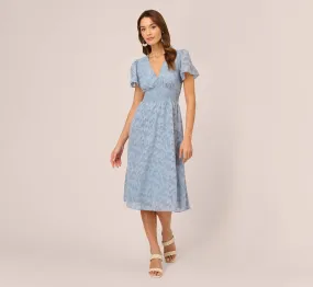 Burnout Smocked Midi Dress With Short Sleeves In Dusty Blue