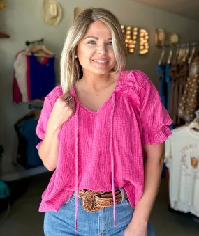 Cotton Gauze Puff Sleeve Top in Pink