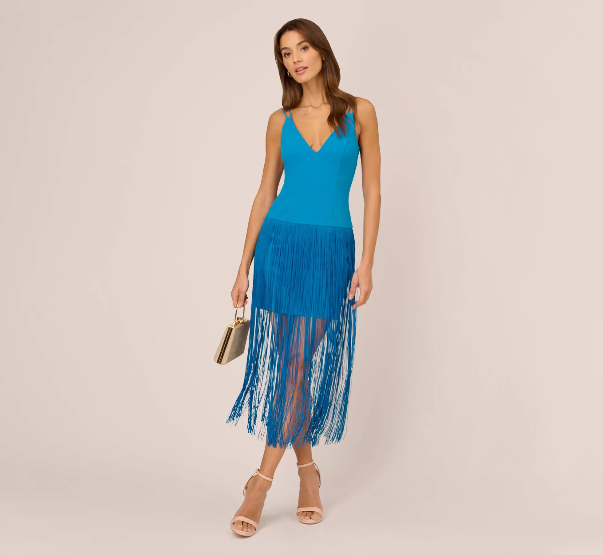 Crepe Fringe Dress With Double Spaghetti Straps And V Back In Deep Cerulean