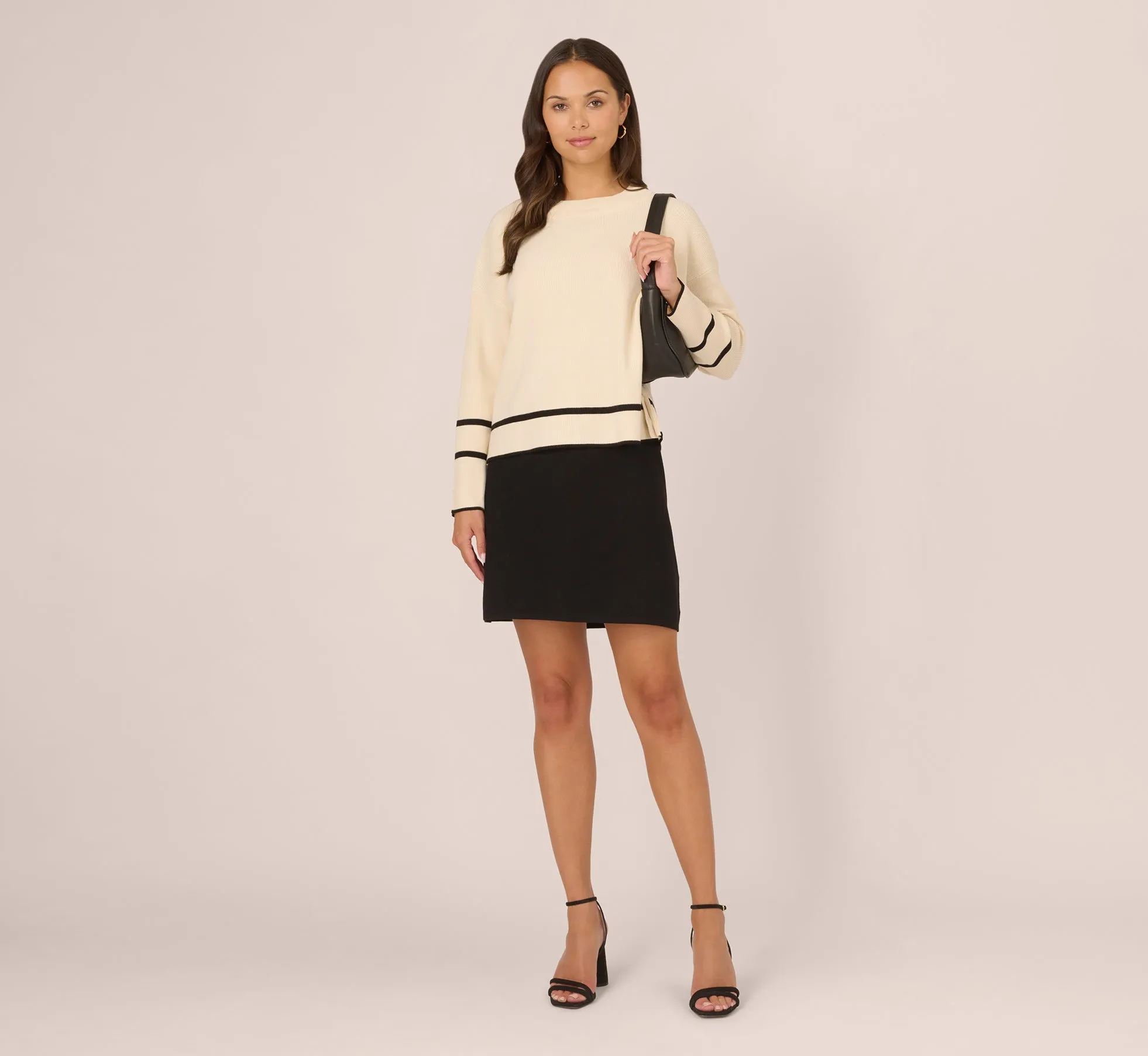 Crew Neck Pullover Sweater With Tipped Details In Cream Black