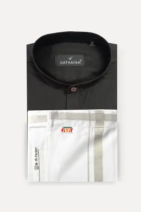 Culture - Black Short Kurta and Silver Jari Fixit Dhoti Combo For Mens | Uathayam