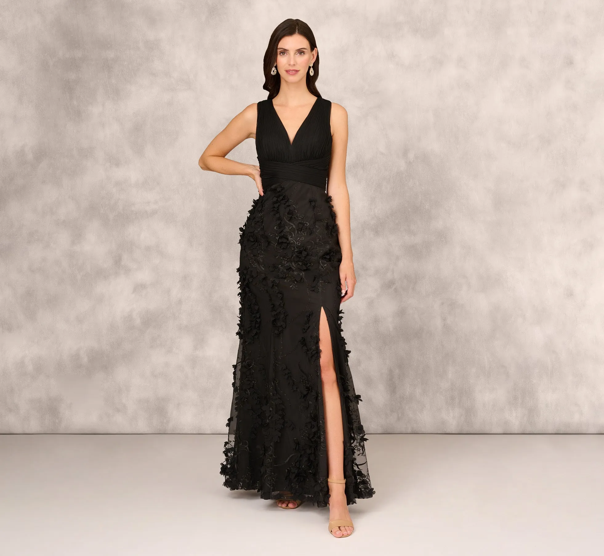 Embroidered Long Gown With Slit In Black