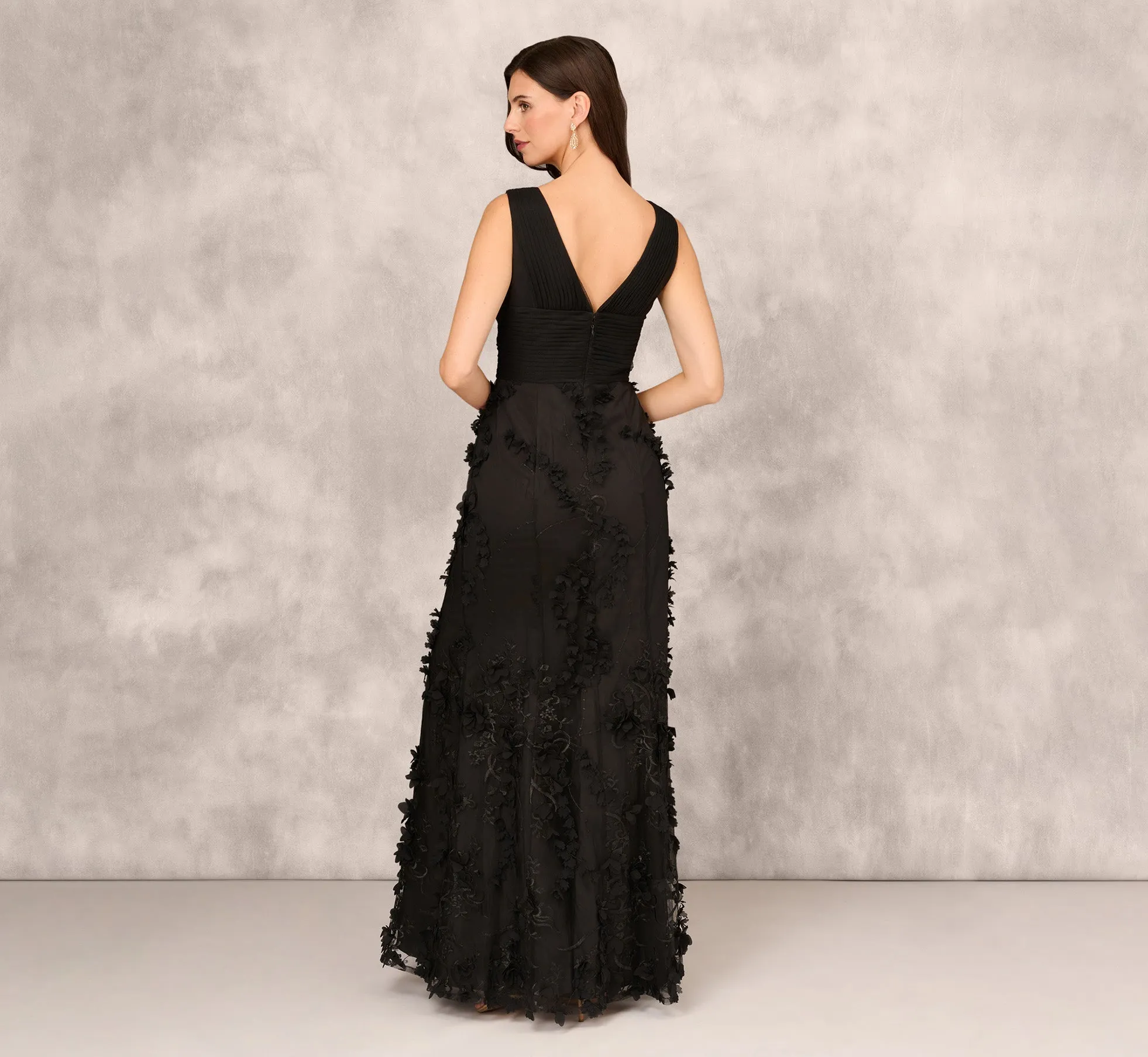 Embroidered Long Gown With Slit In Black