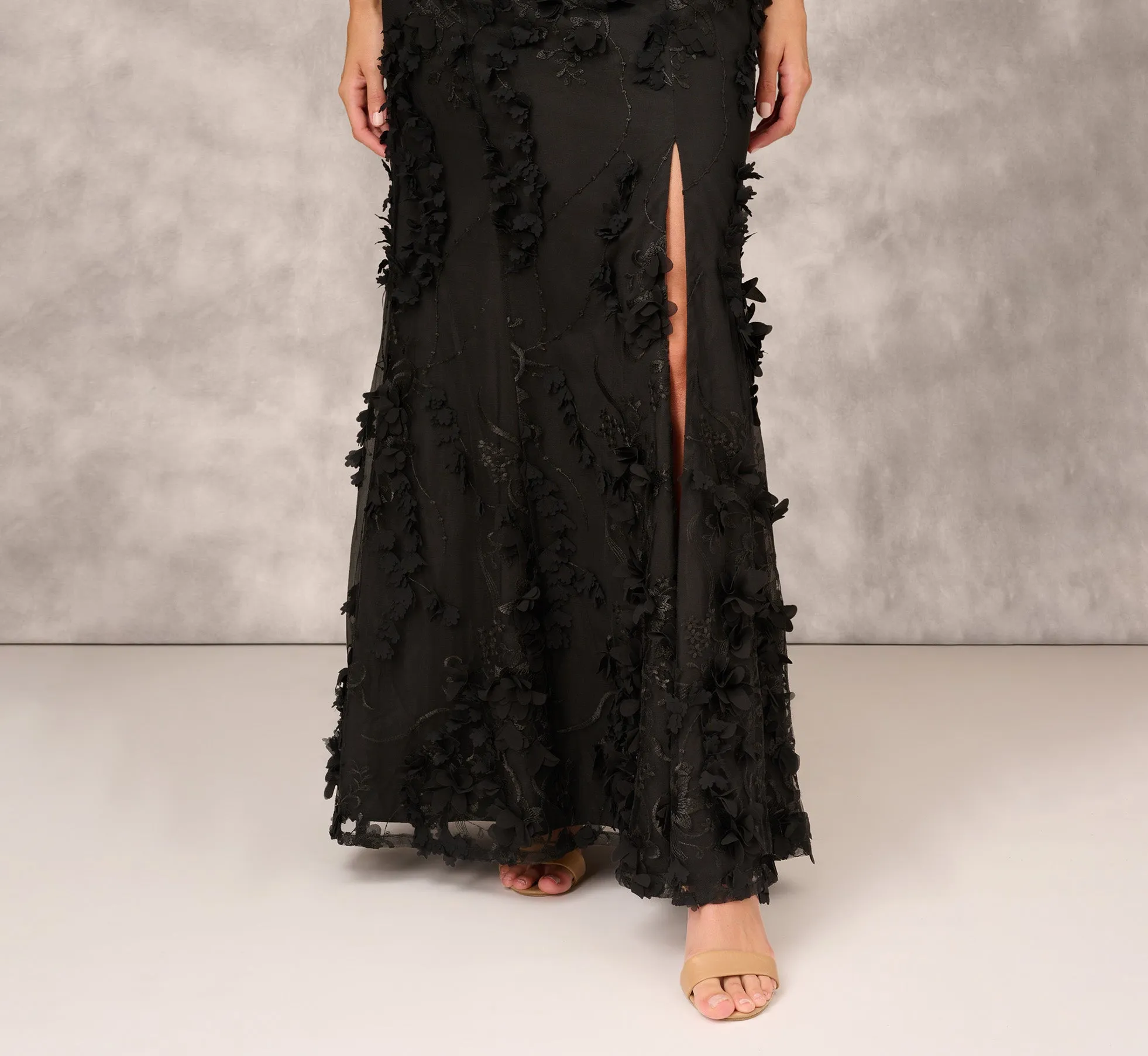 Embroidered Long Gown With Slit In Black