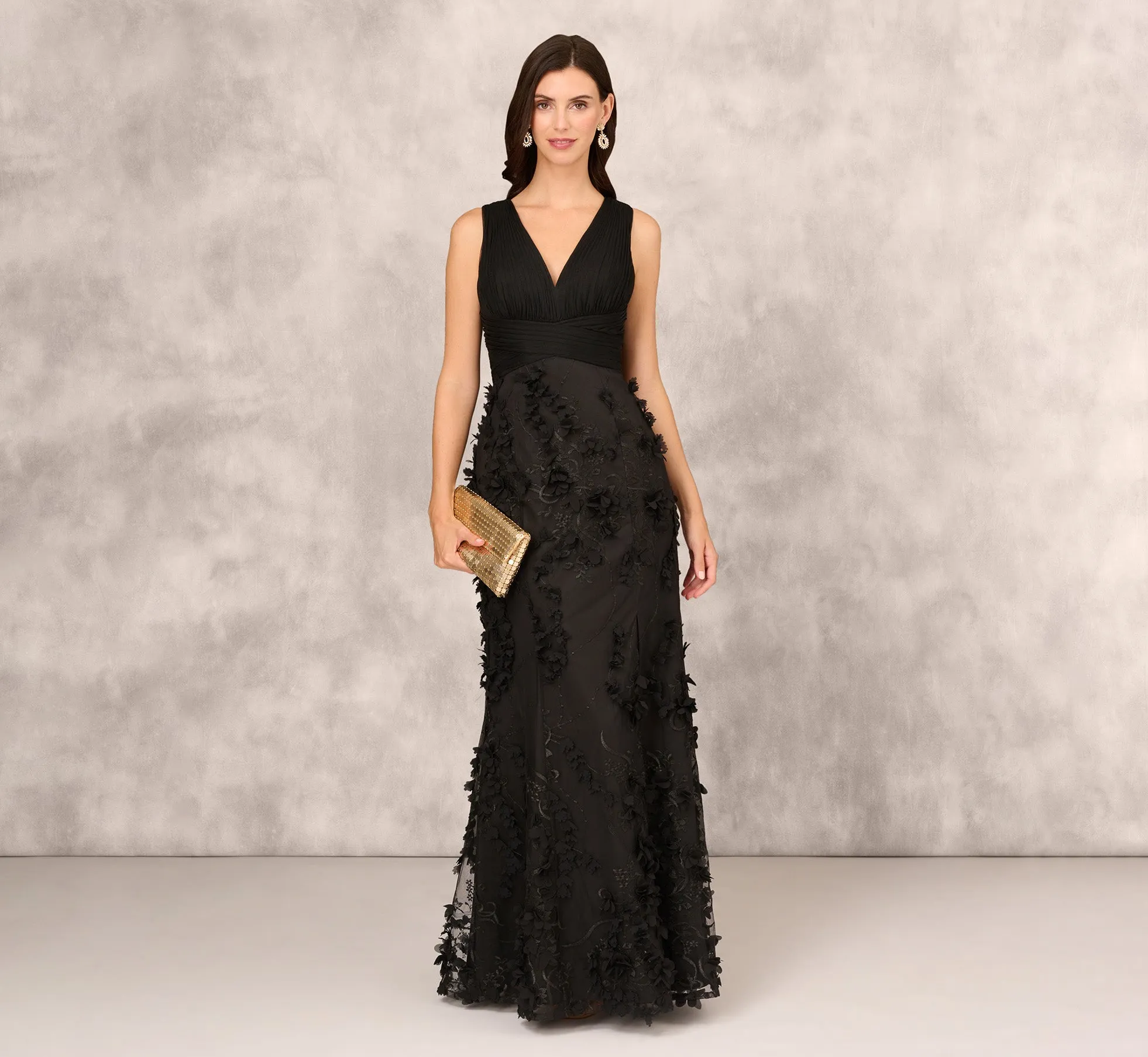 Embroidered Long Gown With Slit In Black