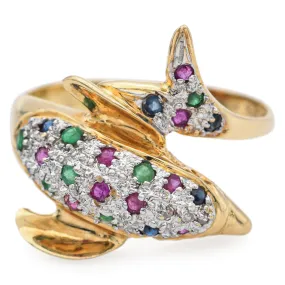 Estate 14K Yellow Gold Multi-Stone & Diamond Dolphin Ring Size 6.5