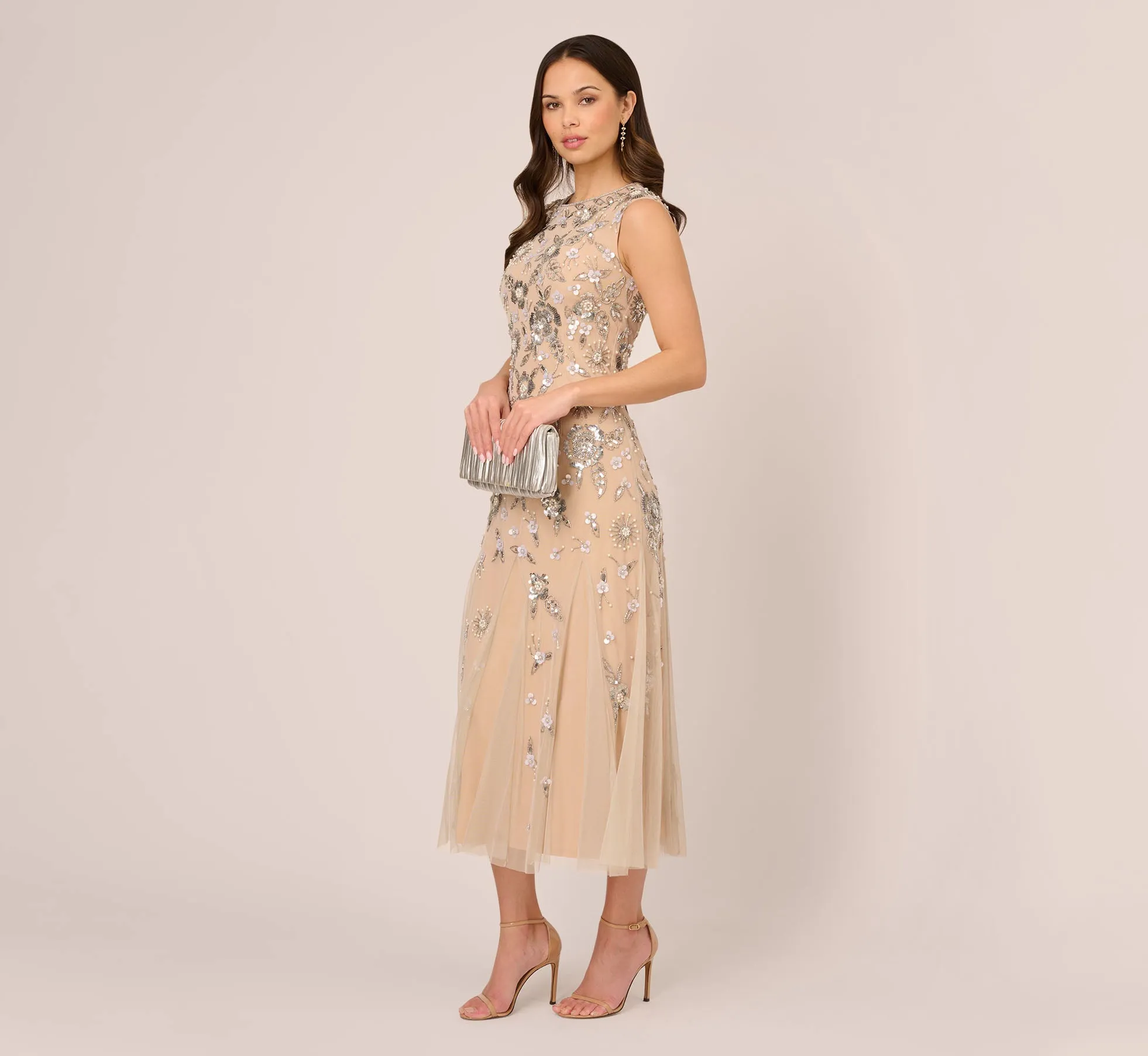 Floral Beaded Ankle Length Gown In Silver Nude