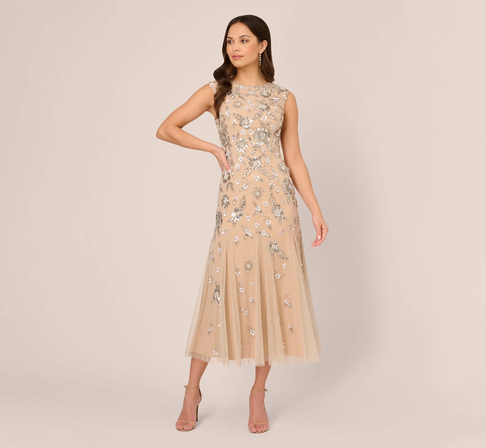 Floral Beaded Ankle Length Gown In Silver Nude