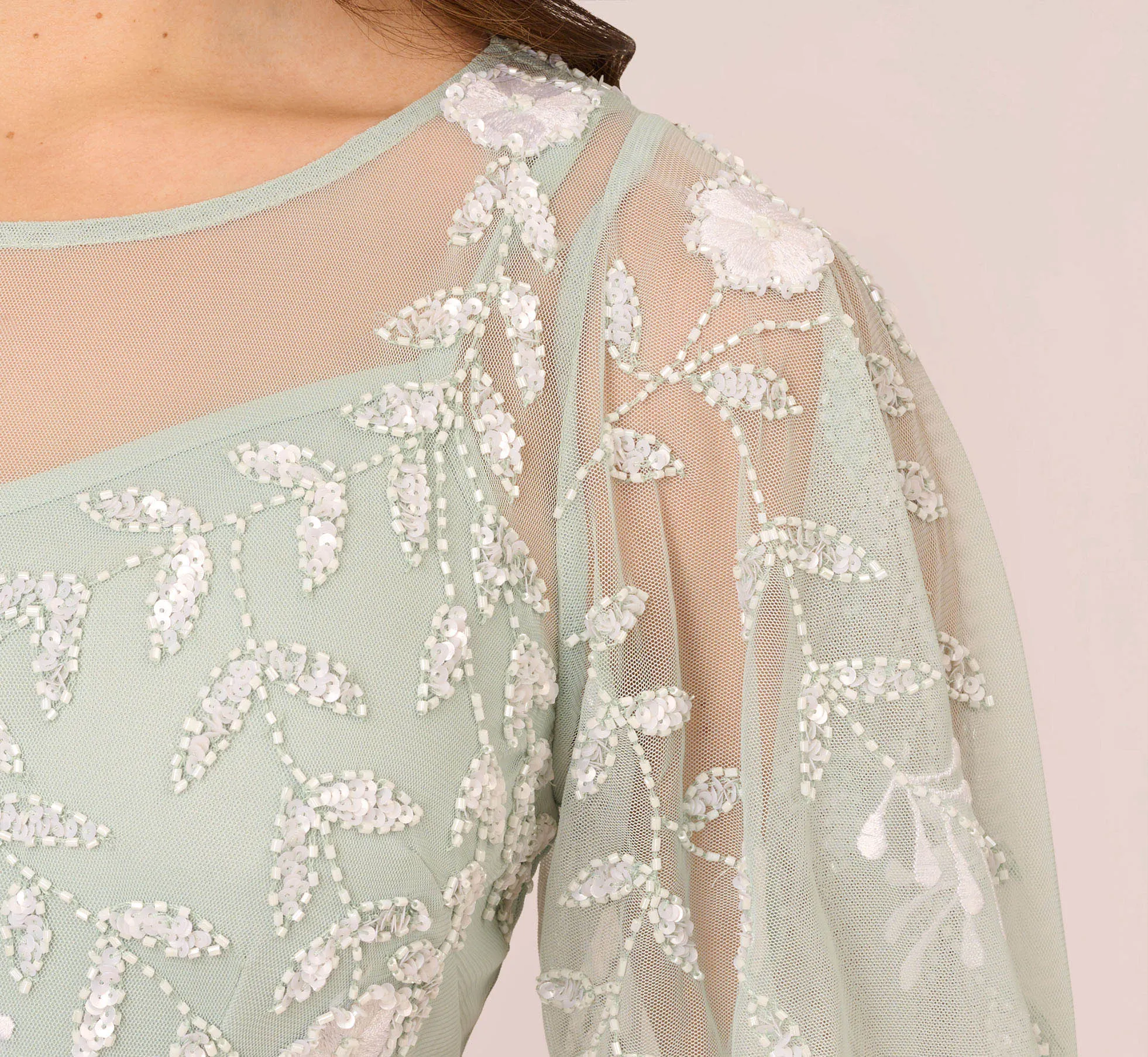 Floral Beaded Dress With Sheer Flutter Sleeves In Icy Sage Ivory