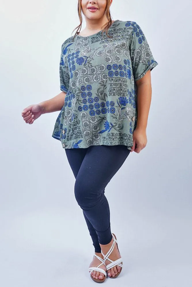 Floral Print Side Button Detail Cotton Top