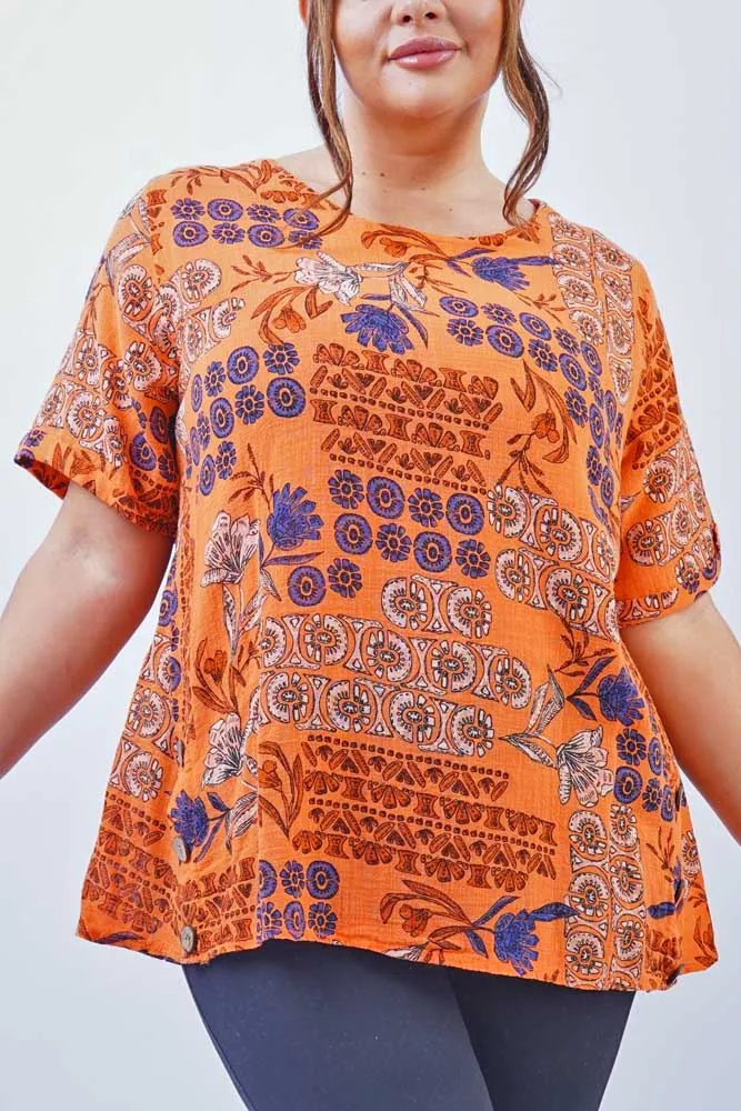 Floral Print Side Button Detail Cotton Top