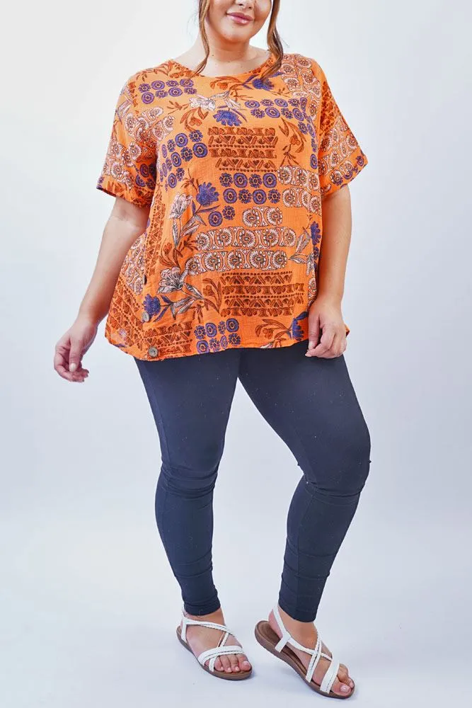 Floral Print Side Button Detail Cotton Top