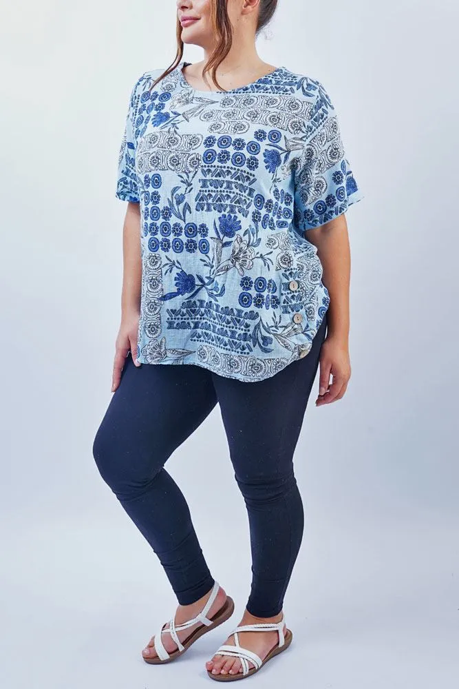 Floral Print Side Button Detail Cotton Top