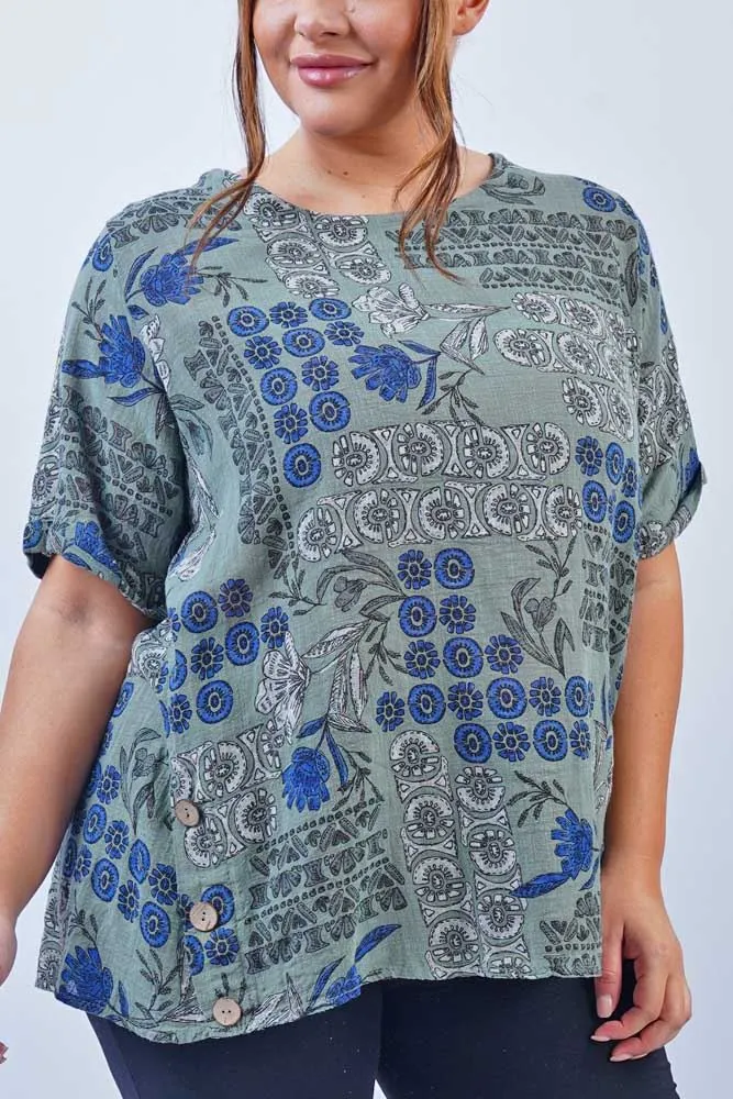 Floral Print Side Button Detail Cotton Top