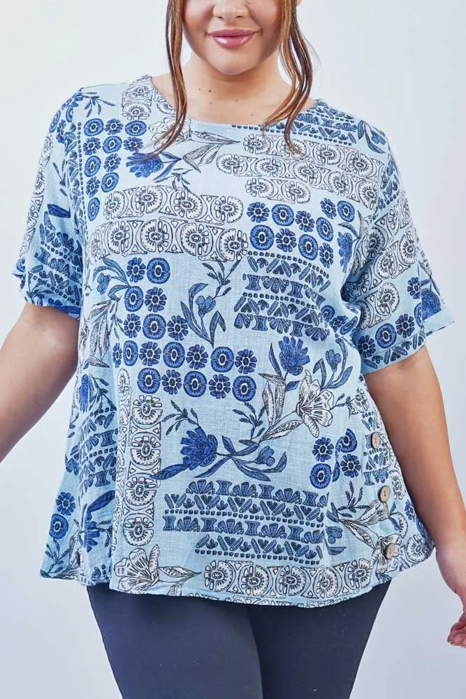 Floral Print Side Button Detail Cotton Top