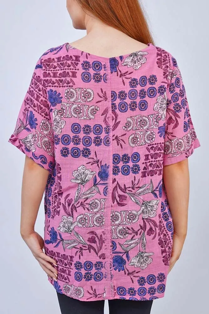 Floral Print Side Button Detail Cotton Top