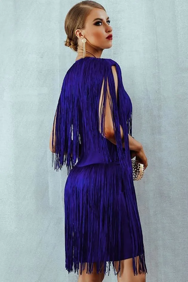 Fringe Zipper Detail Tassel Blue Mini Dress