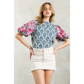 Gabrielle Embroidered Puff Sleeve Print THML Top