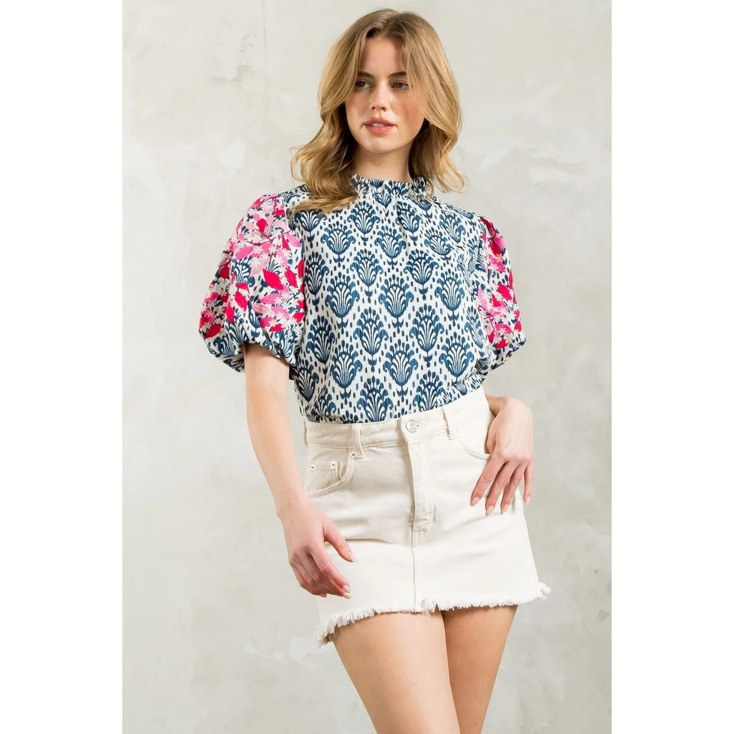 Gabrielle Embroidered Puff Sleeve Print THML Top