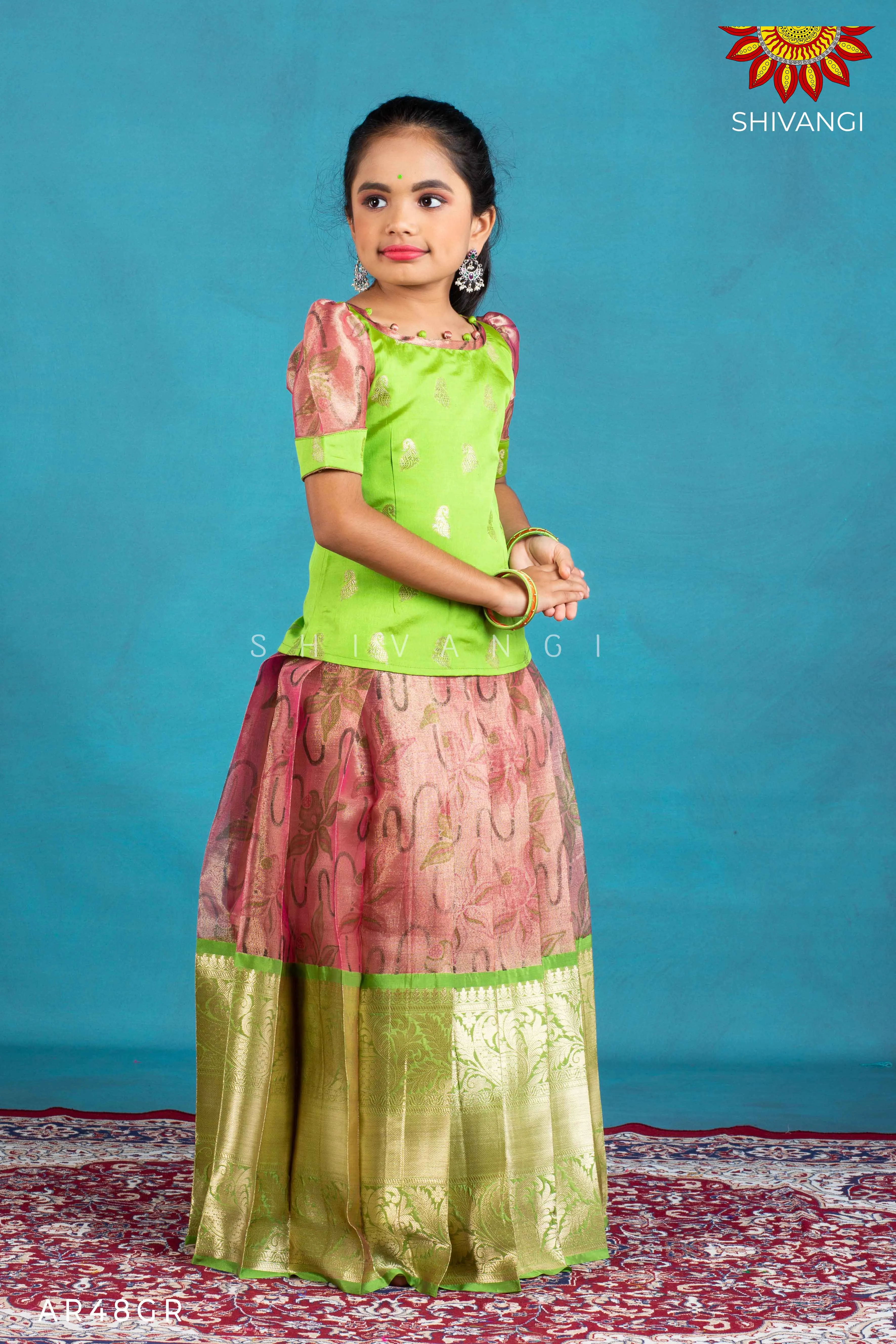 Girls Green Pink Lilly Pattu Pavadai