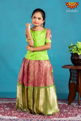 Girls Green Pink Lilly Pattu Pavadai