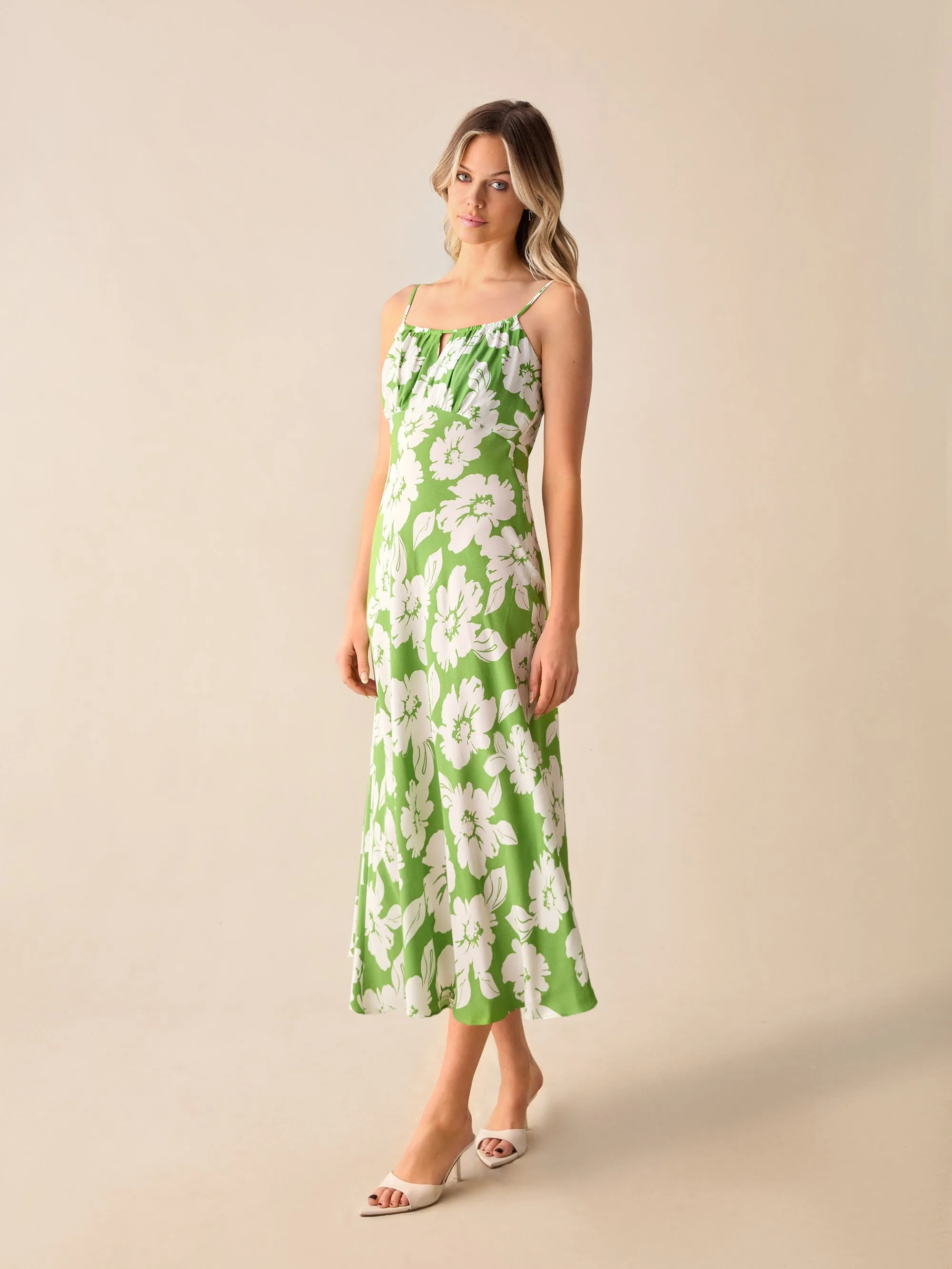 Green Floral Print Keyhole Front Midi Dress