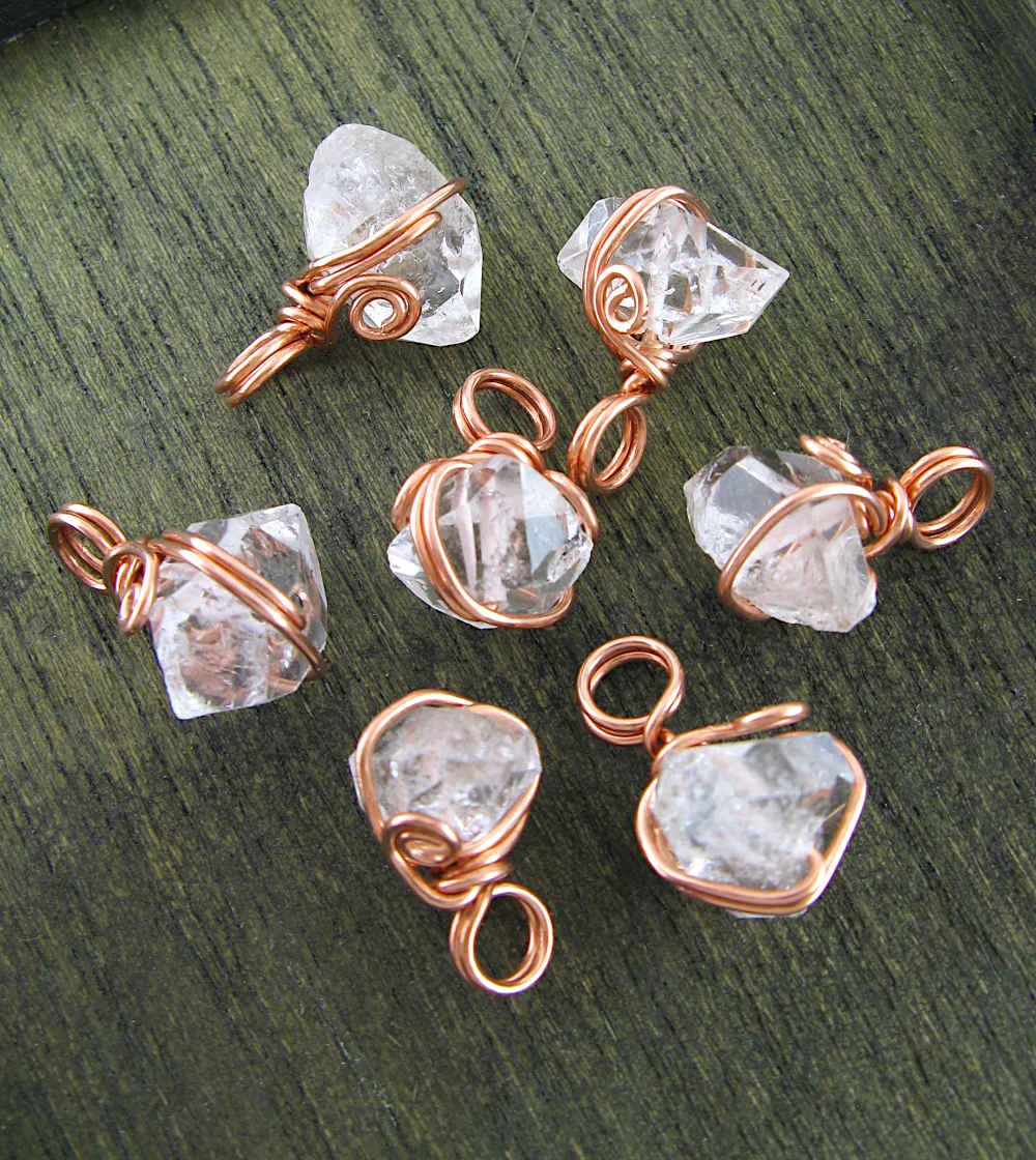 Herkimer Diamond (Double-Terminated Quartz Crystal) Charms, Copper Wire-Wrapped, Handmade