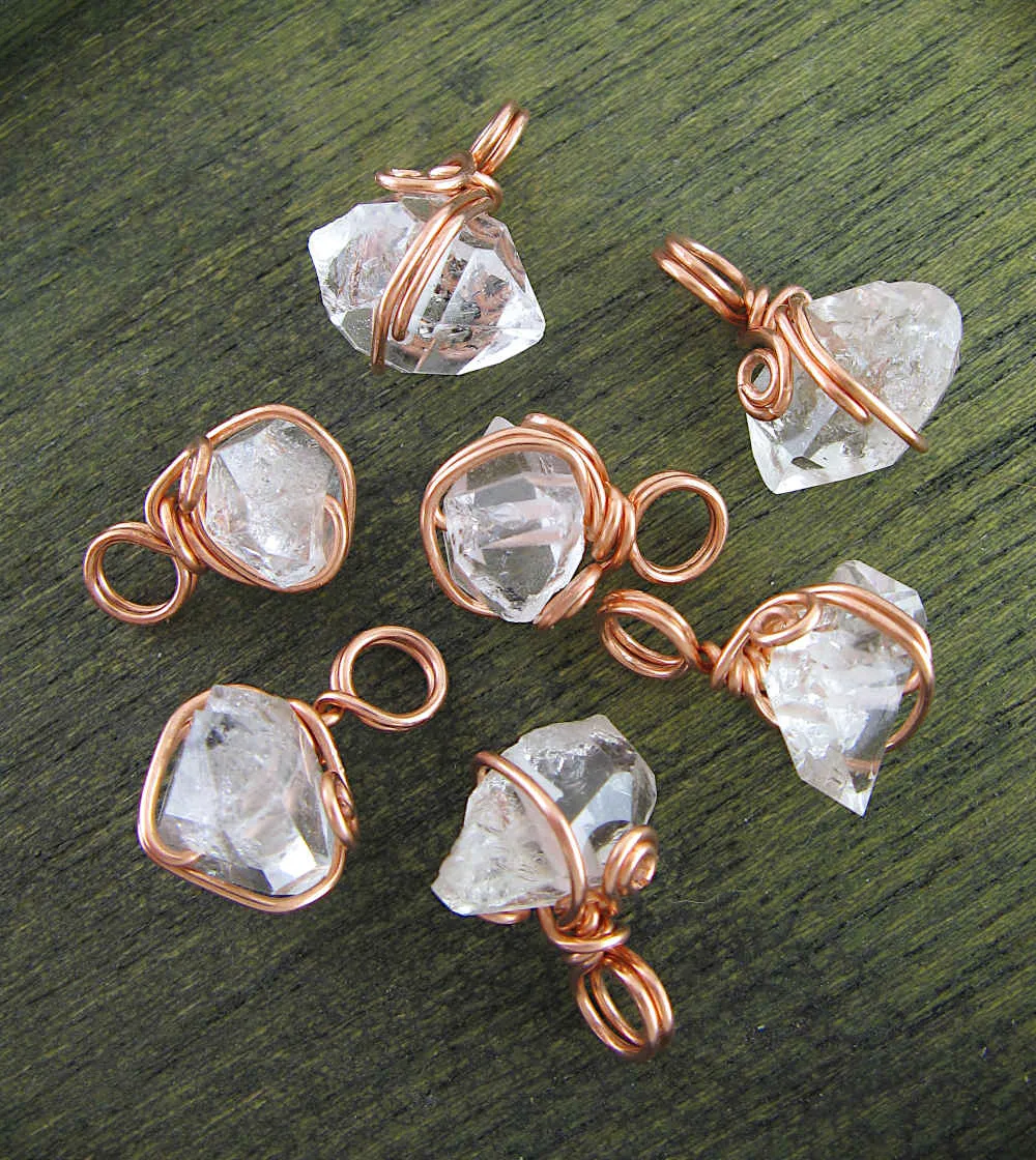 Herkimer Diamond (Double-Terminated Quartz Crystal) Charms, Copper Wire-Wrapped, Handmade