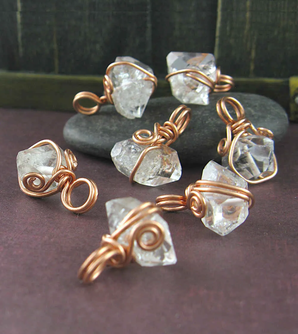 Herkimer Diamond (Double-Terminated Quartz Crystal) Charms, Copper Wire-Wrapped, Handmade